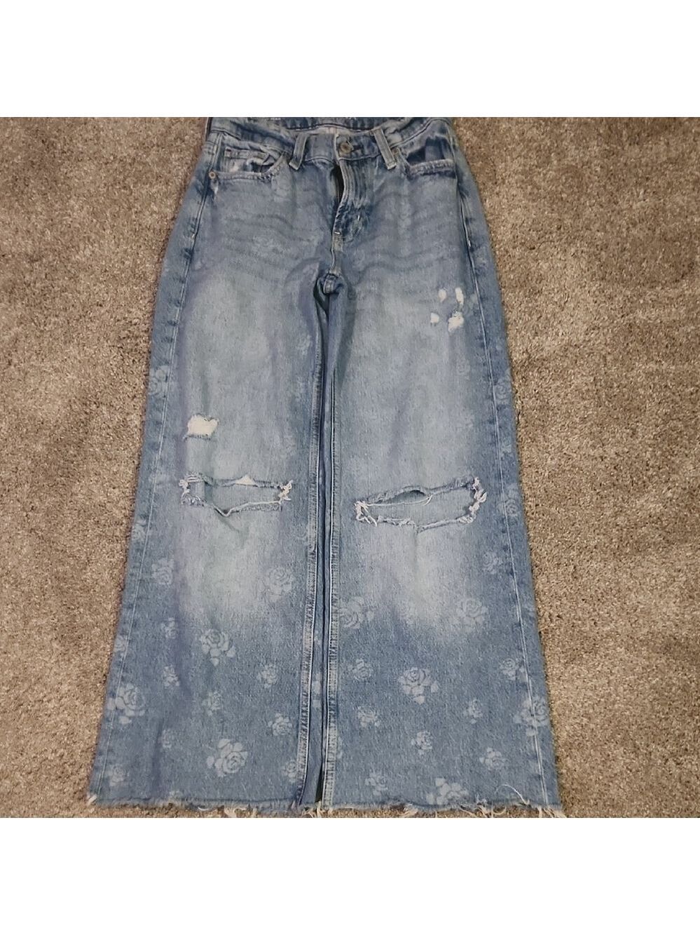 Arizona Jean Cottagecore Company Light Blue Floral Distressed Wide Leg Jeans